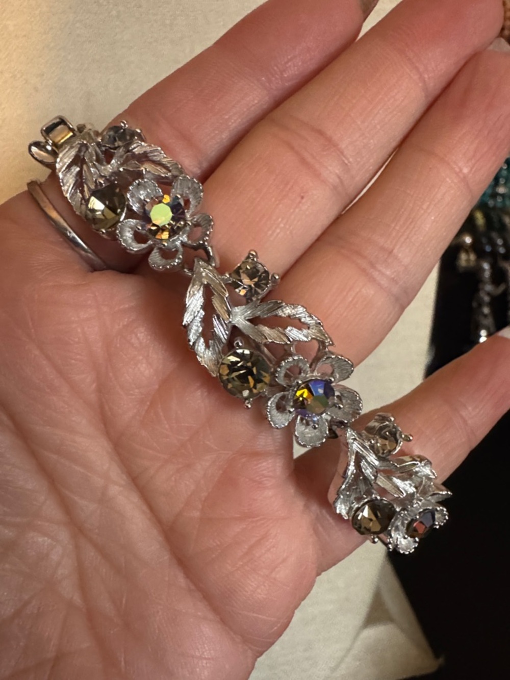 Vintage Lisner Silver Floral Aurora Borealis Crystal Bracelet